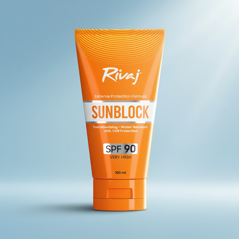Orange Sunblock SPF 90 sunscreen tube, 100 ml, front view with Rivaj logo