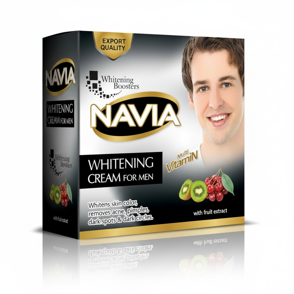 Whitening cream for men box front view with NAVIA branding
