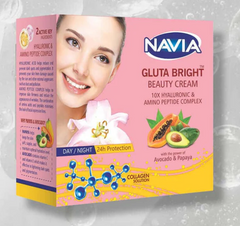 Navia Beauty Cream box: pink and yellow packaging with face portrait and avocado papaya graphics