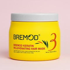 Bremod keratin rejuvenating hair mask jar with white ribbed lid and yellow front panel