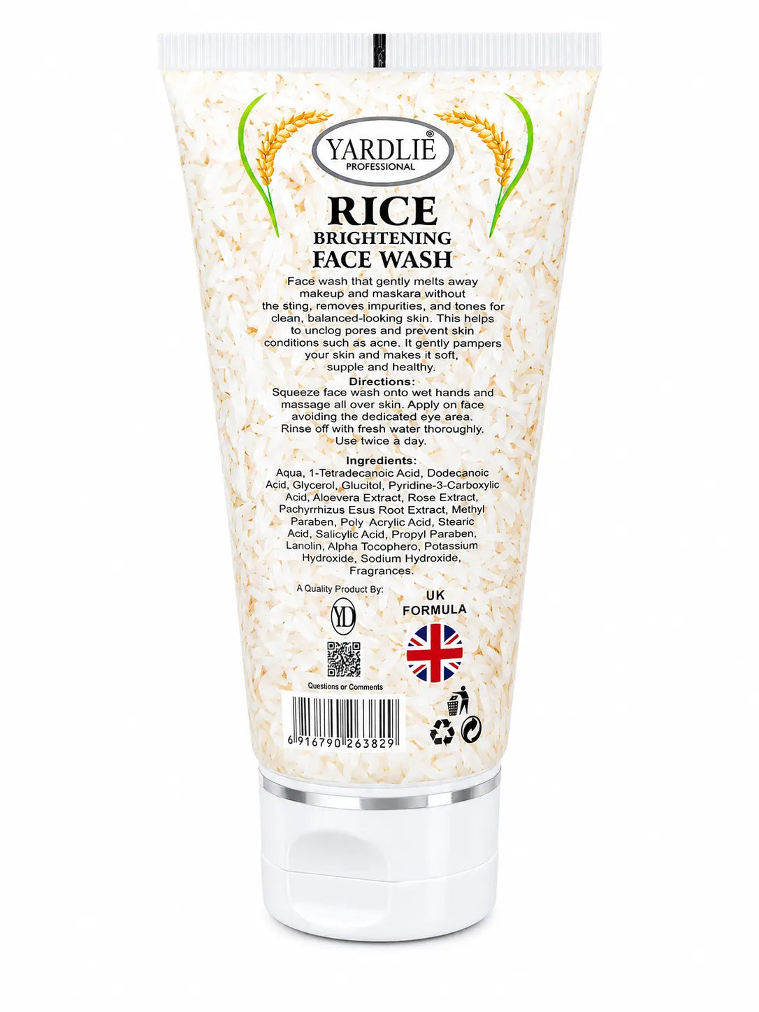 Rice brightening face wash tube, cream speckled label, includes barcode and directions