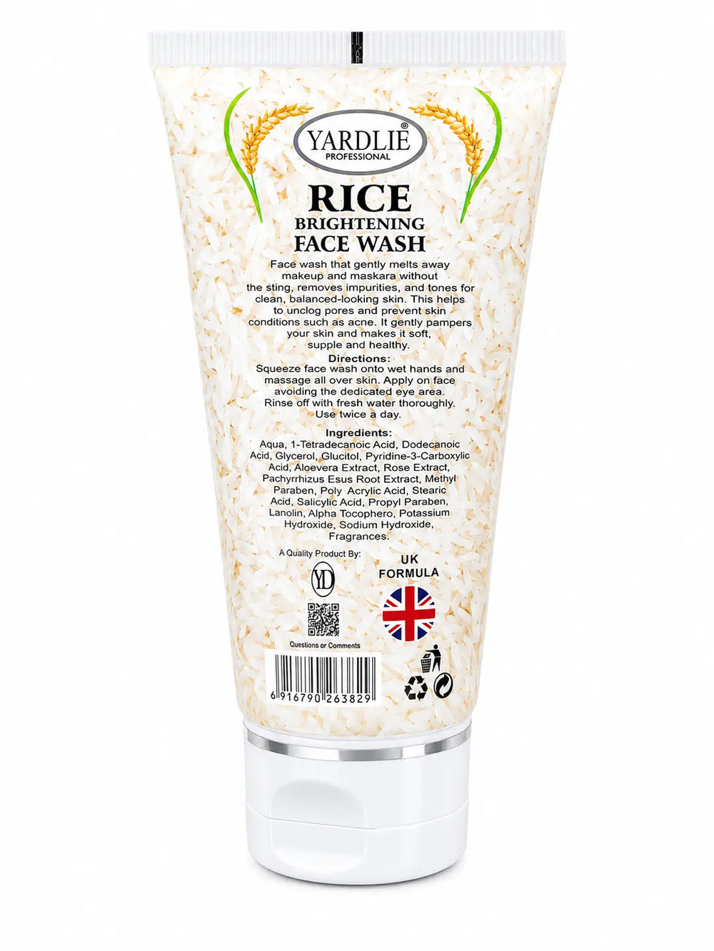 Rice brightening face wash tube, cream speckled label, includes barcode and directions