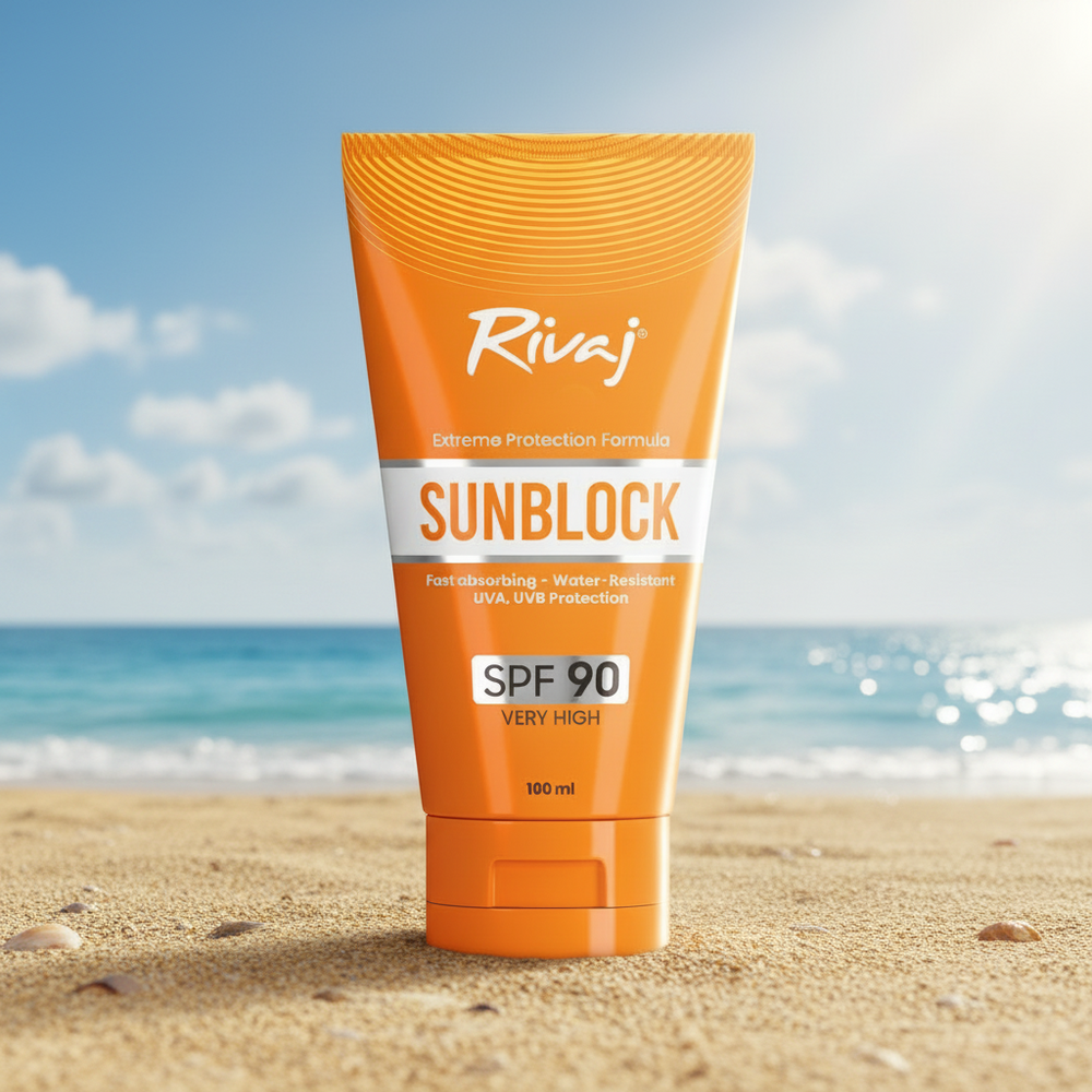 Orange Sunblock SPF 90 sunscreen tube, 100 ml, front label showing Very High SPF 90