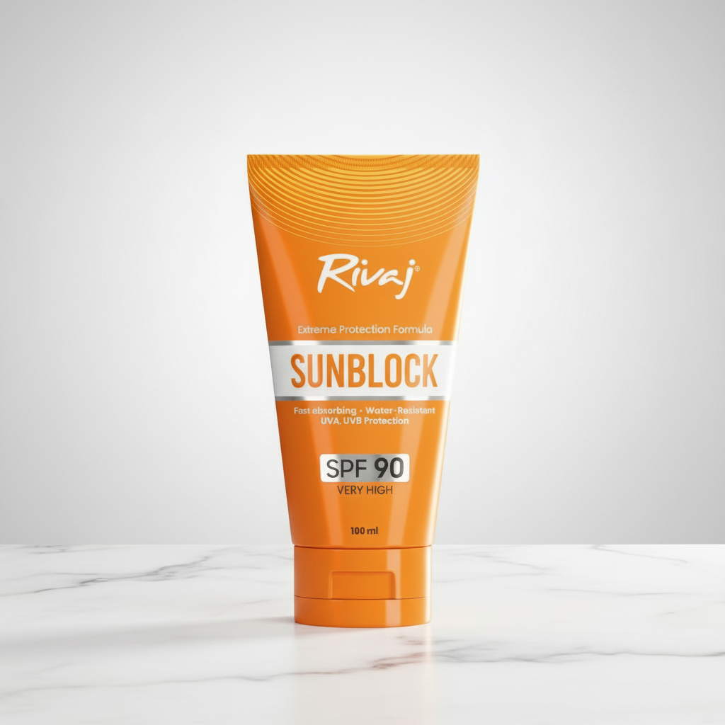 Orange SPF 90 sunblock sunscreen tube, 100 ml, centered front label with cap
