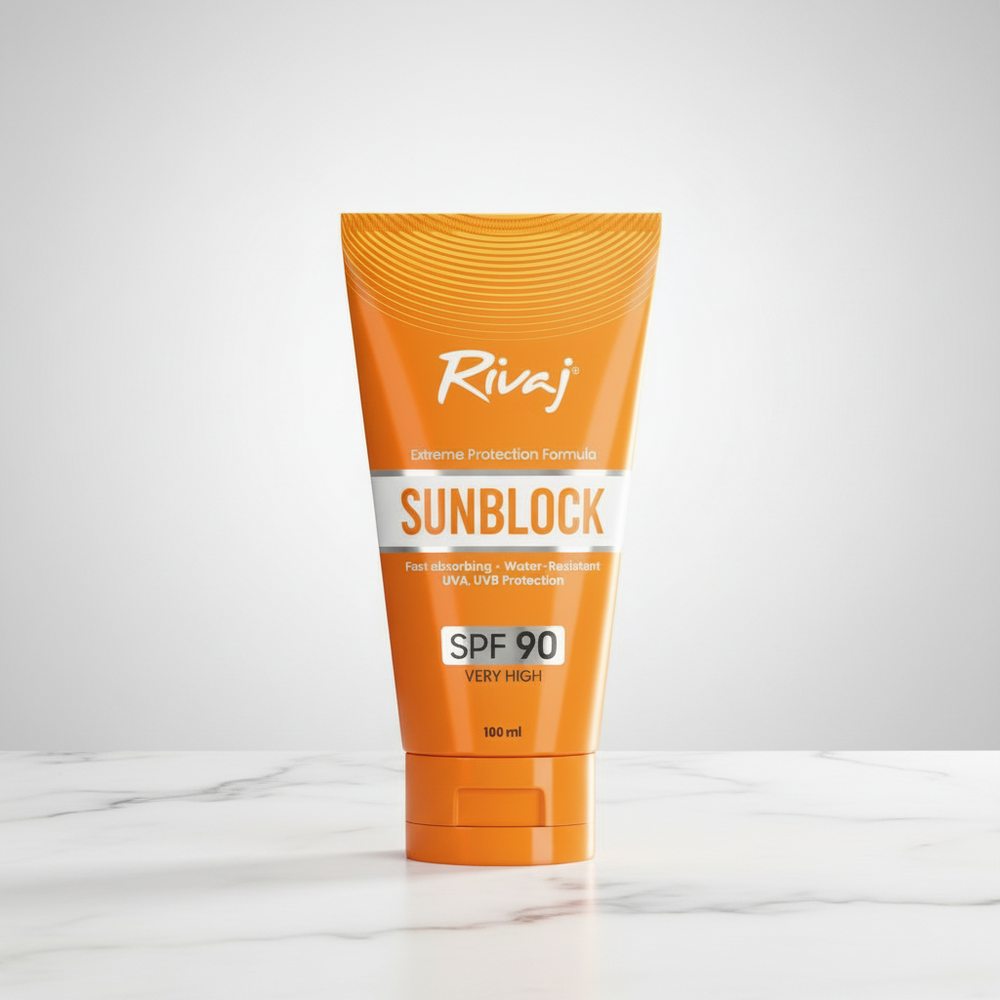Orange SPF 90 sunblock sunscreen tube, 100 ml, centered front label with cap