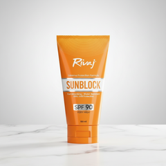 Orange SPF 90 sunblock sunscreen tube, 100 ml, centered front label with cap