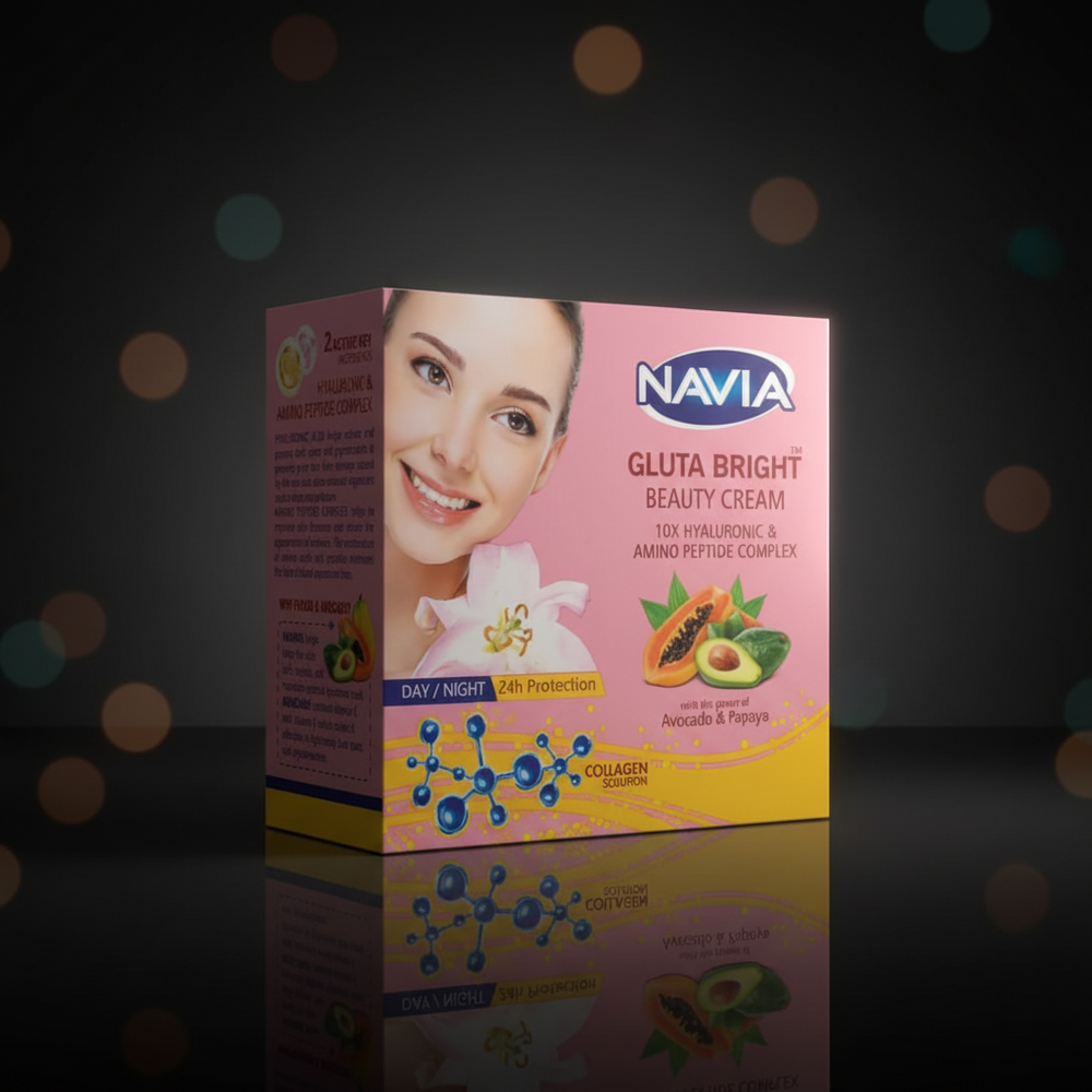 Navia Beauty Cream box in pink and yellow with face model and avocado papaya illustration