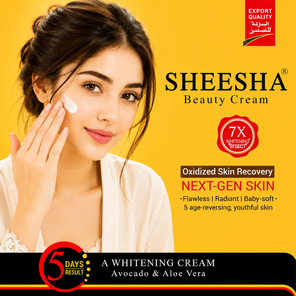 Sheesha beauty cream jar held by woman, applying cream to her cheek