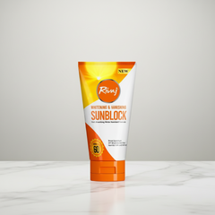 Rivaj SPF60 whitening & vanishing sunblock tube, front label and orange flip cap