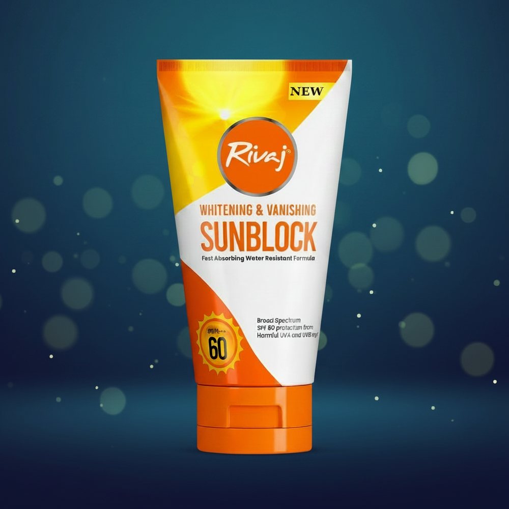 Rivaj SPF60 sunblock tube, featuring 60 SPF mark and orange flip cap