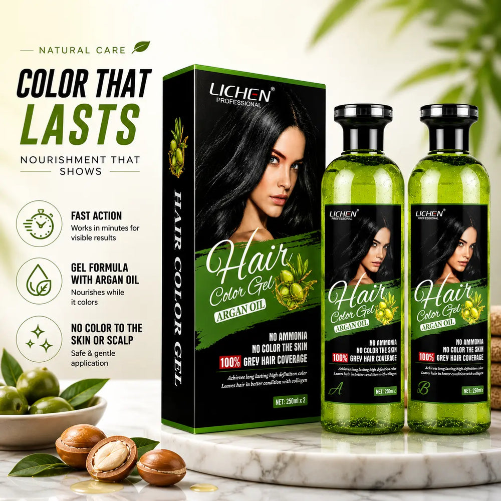 Lichen Hair Color Gel argan oil, box and two green bottles with dark-hair model