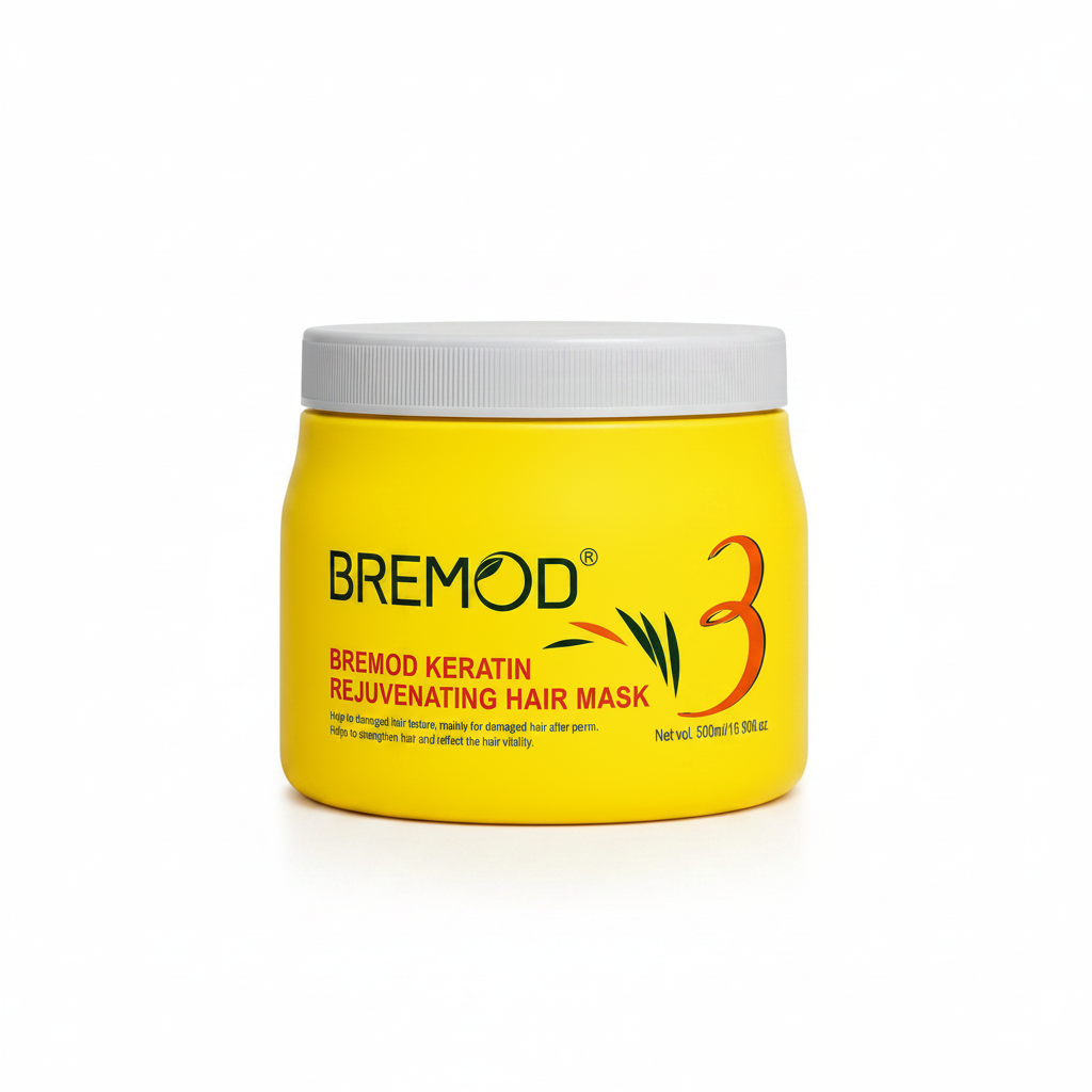 Bremod keratin hair mask jar, yellow container with white ribbed lid; front logo centered