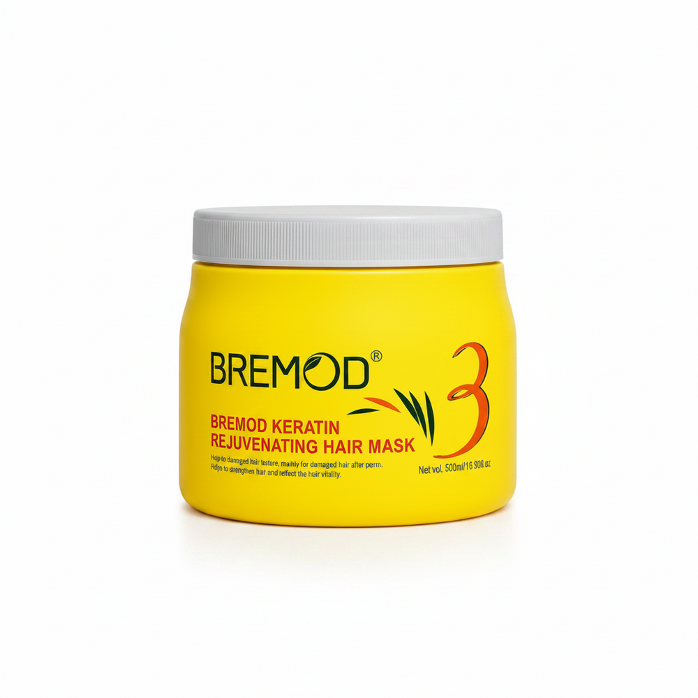 Bremod keratin hair mask jar, yellow container with white ribbed lid; front logo centered
