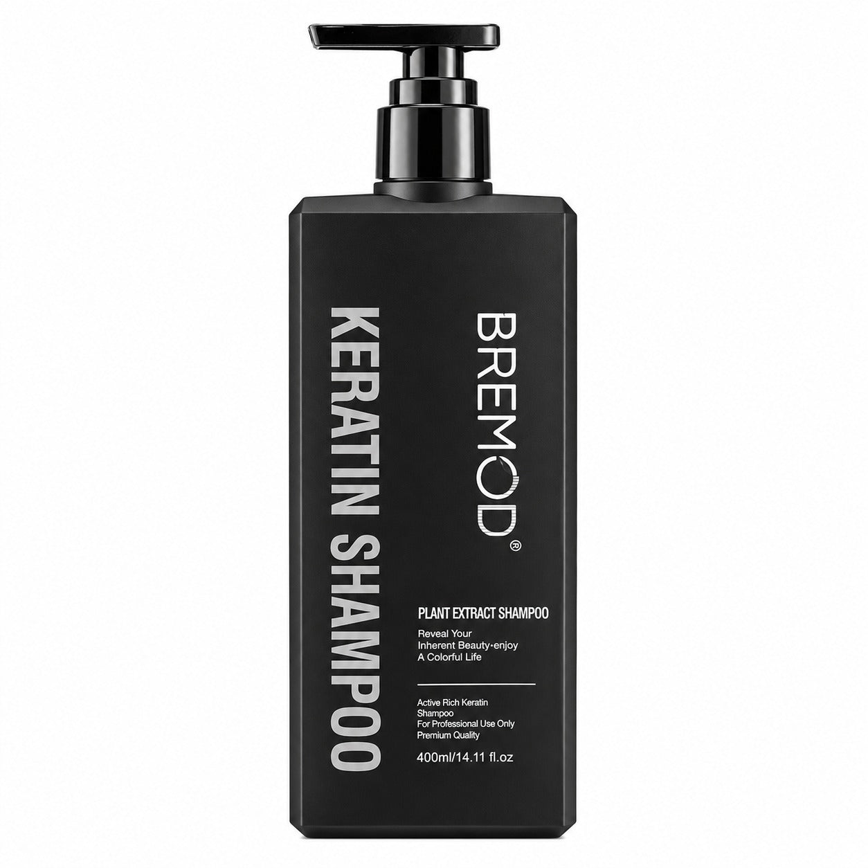 Bremod keratin shampoo bottle with silver pump and front label