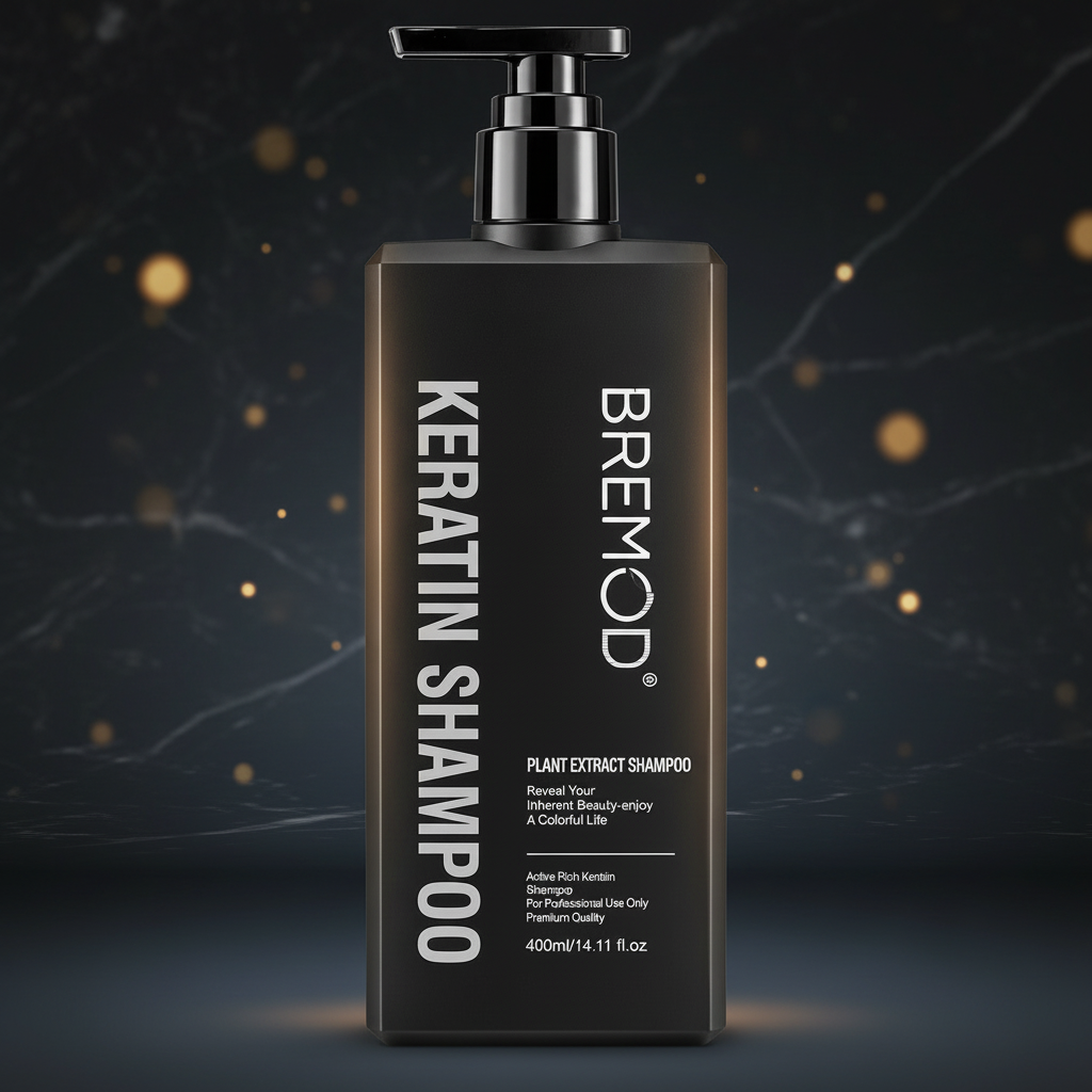 Bremod keratin shampoo bottle with silver pump, centered front label