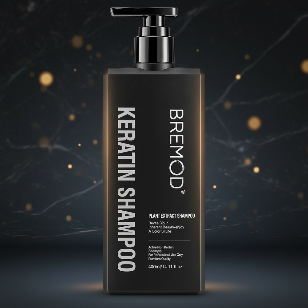 Bremod keratin shampoo bottle with silver pump, centered front label