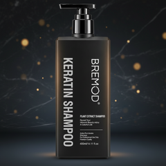 Bremod keratin shampoo bottle with silver pump, centered front label