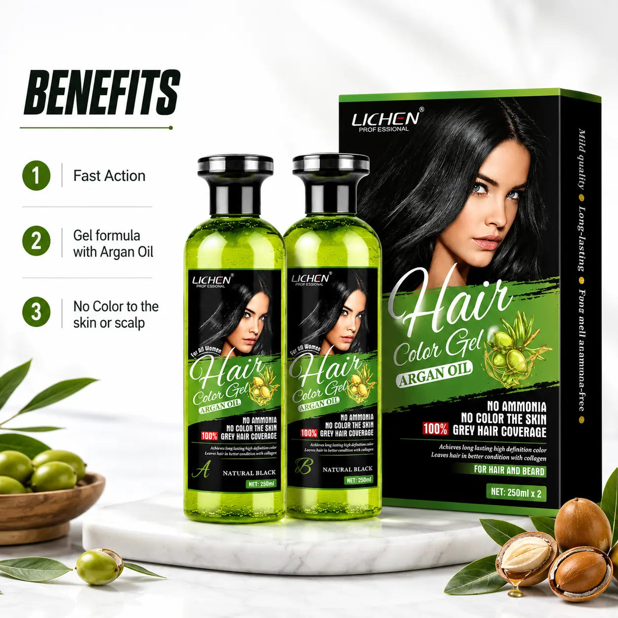 Lichen hair color gel set: two green bottles and boxed hair color, natural black