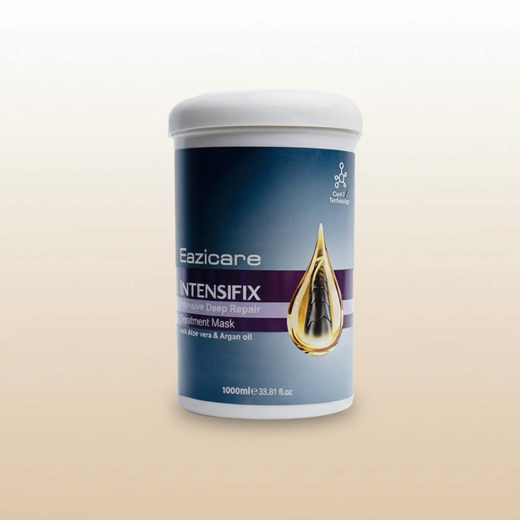 Hair mask tub, white lid and dark blue front label with gold drop graphic