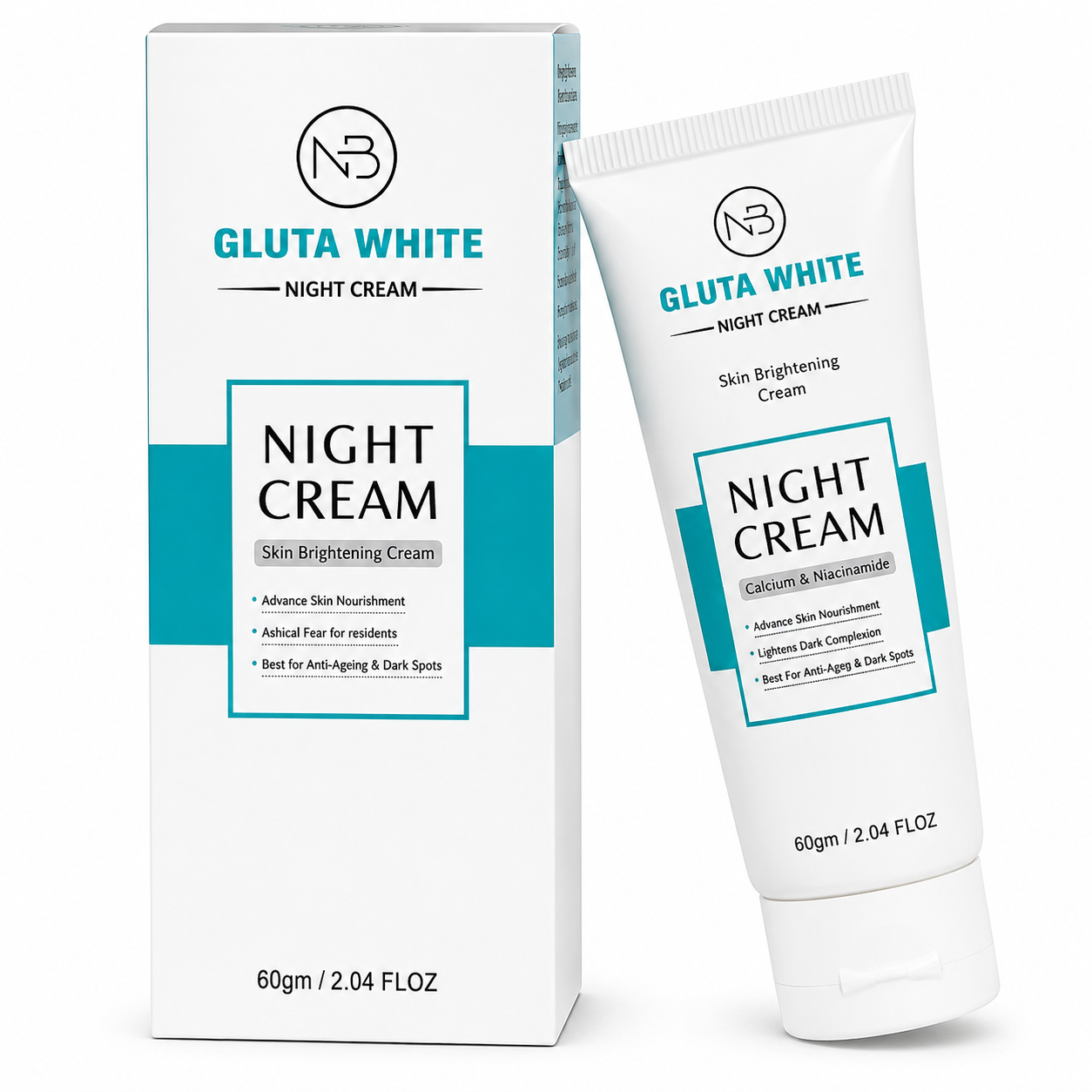 Gluta White night cream tube, 60g, white with teal label and “Night Cream”