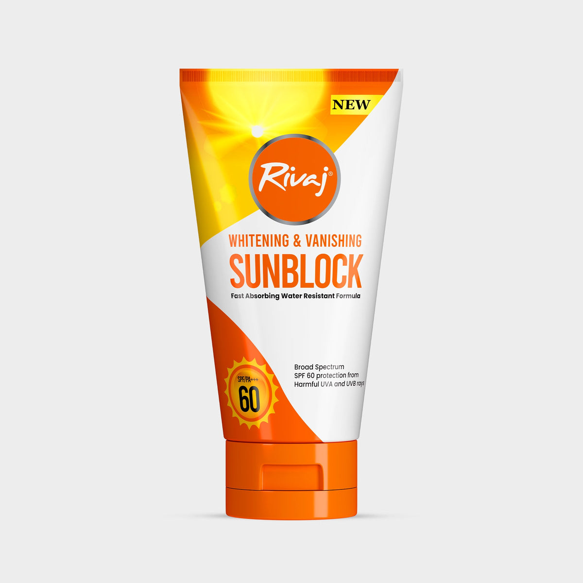Rivaj SPF60 whitening sunblock tube, yellow and orange with flip-top cap