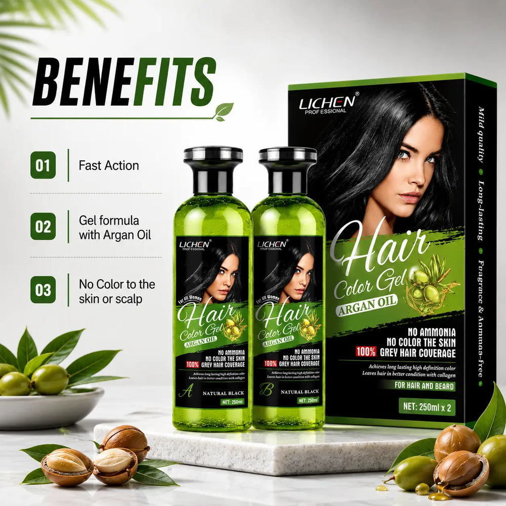 Lichen hair color gel set with two green bottles and box featuring model and hair gel label