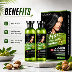 Lichen hair color gel set with two green bottles and box featuring model and hair gel label
