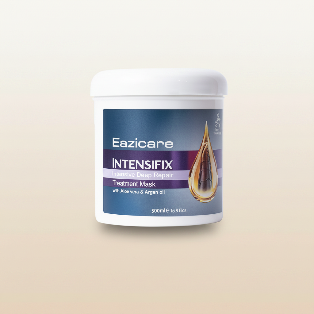 Hair treatment mask jar with Eazicare INTENSIFIX text and gold oil drop