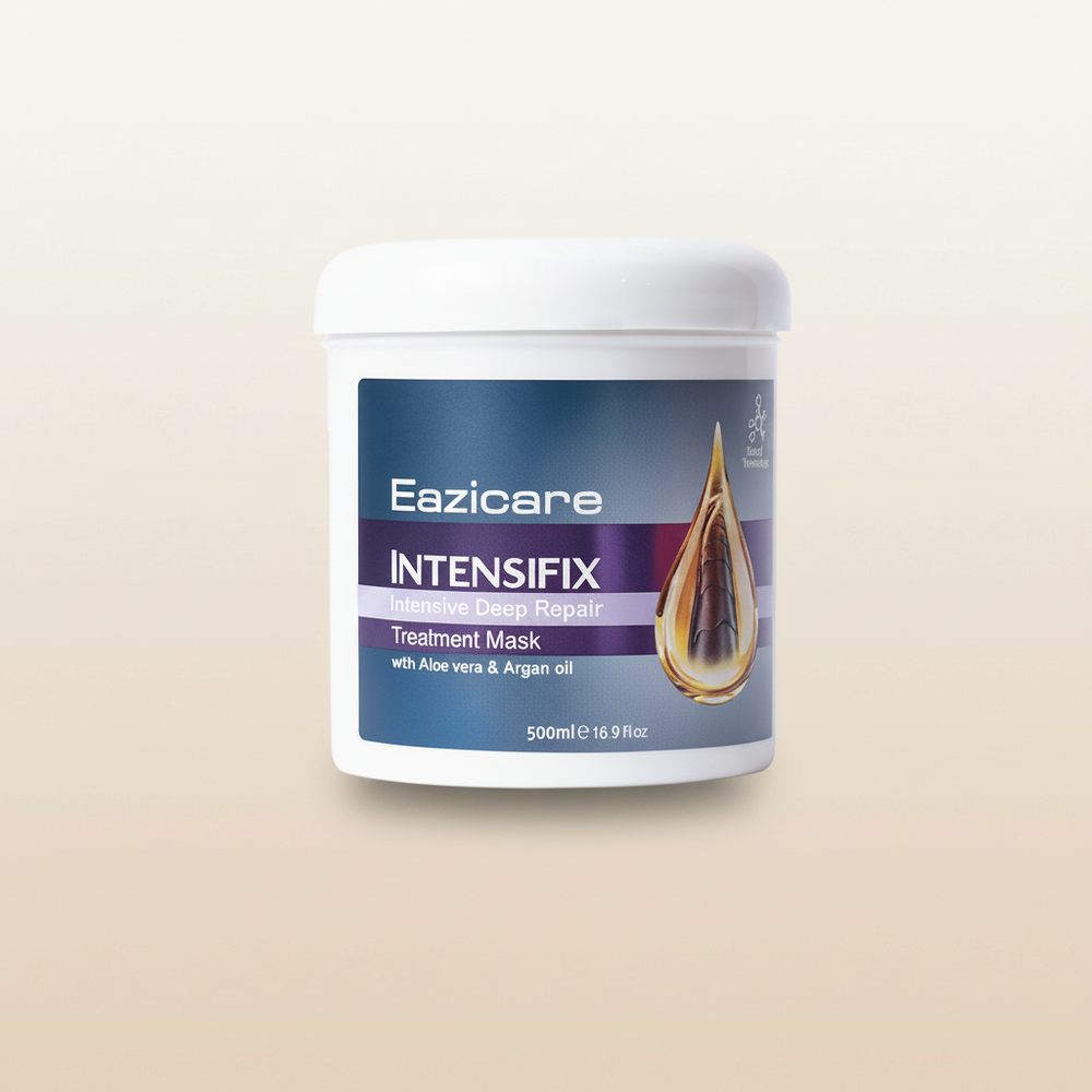 Hair treatment mask jar with Eazicare INTENSIFIX text and gold oil drop