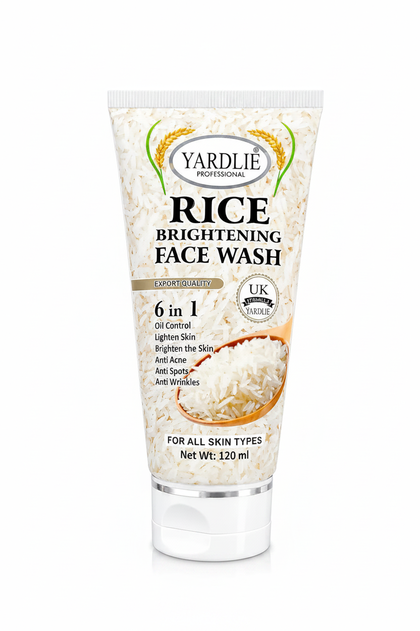 Rice brightening face wash tube, front label with 6-in-1 benefits and all skin types