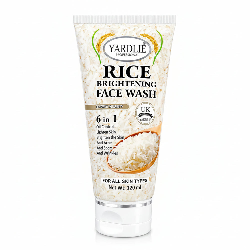 Rice brightening 6-in-1 face wash tube, cream label with YARDLIE logo and UK badge