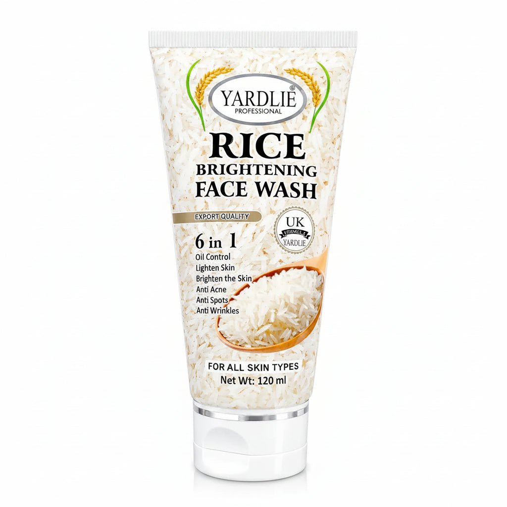 Rice brightening 6-in-1 face wash tube, cream label with YARDLIE logo and UK badge