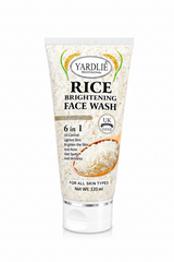 Rice brightening face wash tube, front label with 6-in-1 benefits and all skin types