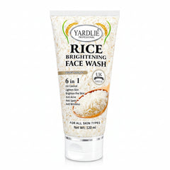 Rice brightening 6-in-1 face wash tube, cream label with YARDLIE logo and UK badge