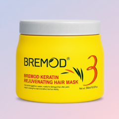 Bremod hair mask jar, yellow body and white ribbed cap, label and size text shown