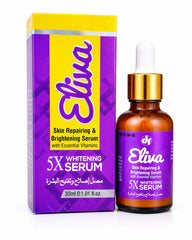 Eliva whitening serum 30ml bottle with gold top beside purple yellow package