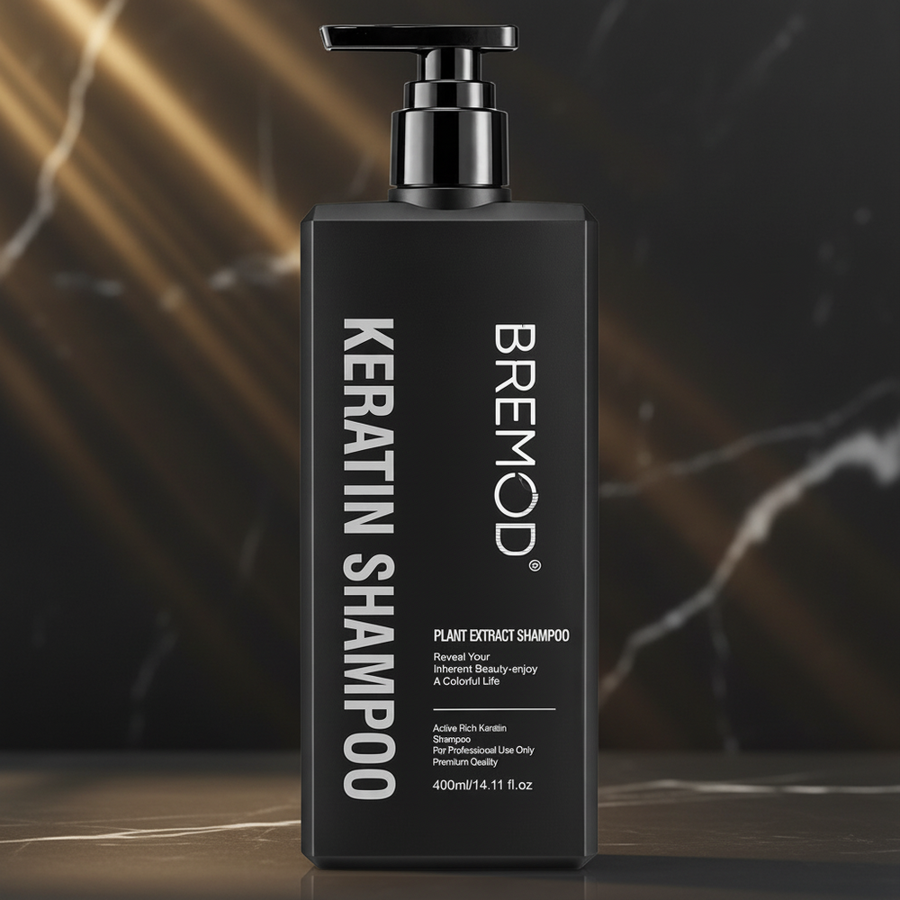 Bremod keratin shampoo bottle with rectangular black body and silver pump