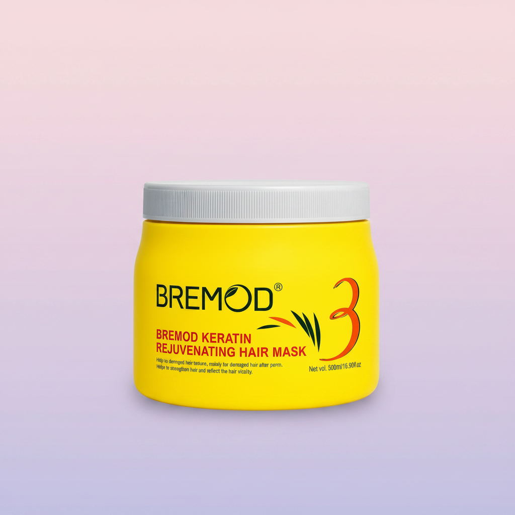 Bremod keratin hair mask jar with white ribbed cap, yellow body, full label visible