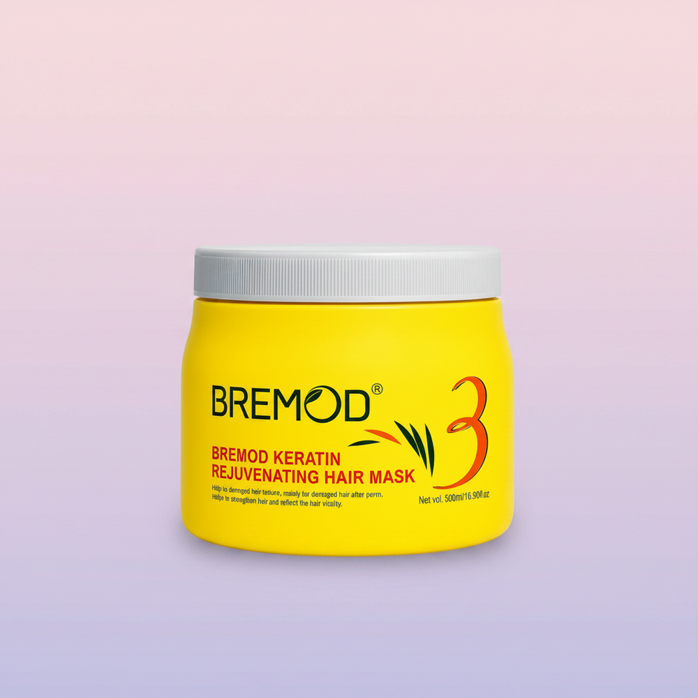 Bremod keratin hair mask jar with white ribbed cap, yellow body, full label visible