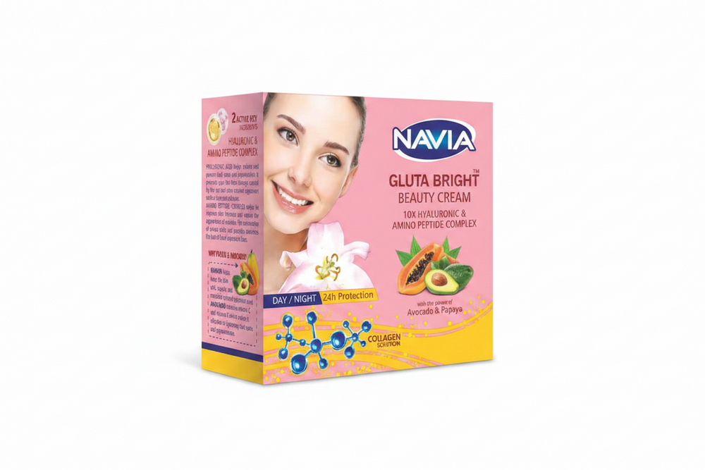 Navia Beauty Cream box on white, pink front panel with text, woman face, and fruit graphics