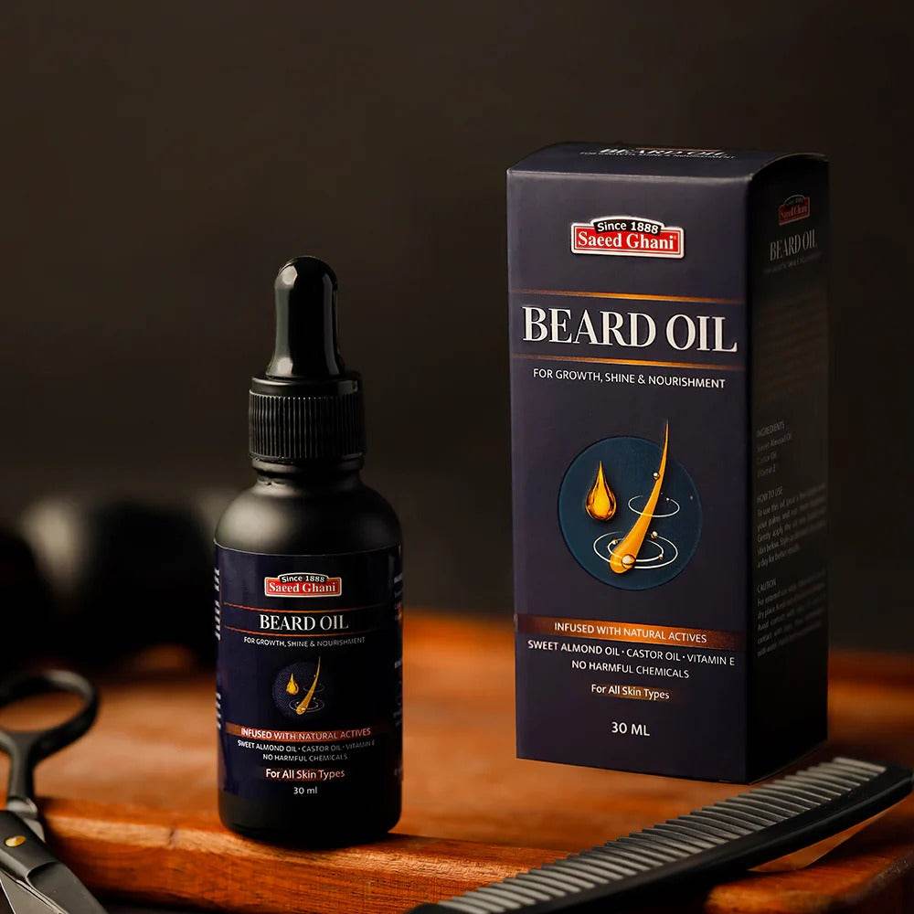 Saeed Ghani beard oil, 30 ml dropper bottle beside dark-blue packaging box