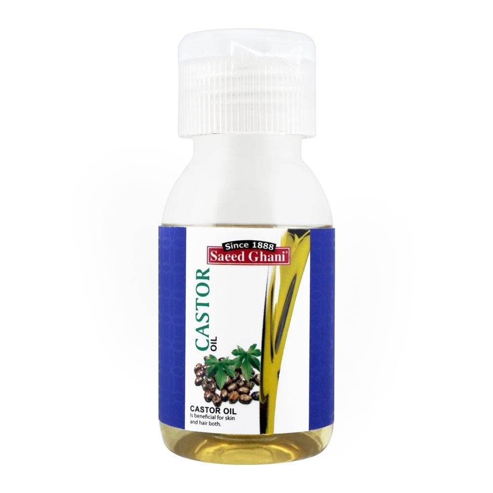 Saeed Ghani castor oil bottle with white ribbed cap, blue label, clear golden liquid