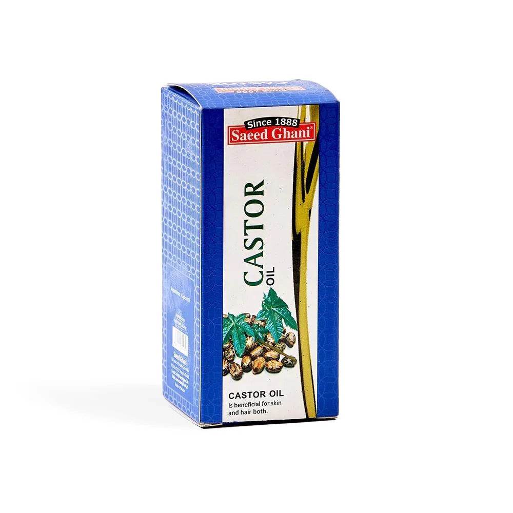 Saeed Ghani castor oil box, blue with gold label and plant and seed graphics