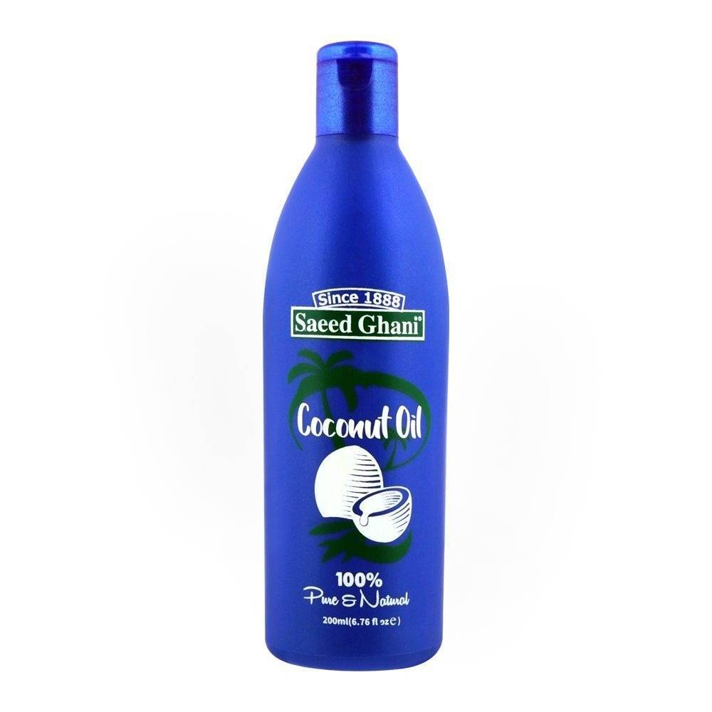 Saeed Ghani coconut oil bottle, blue with green palm label and nozzle cap