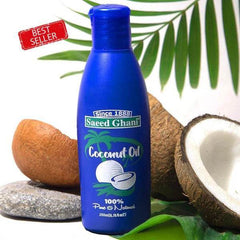 Coconut oil bottle with coconuts, palm leaves, and blue label