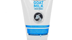 Goat milk face wash tube, close-up of black goat seal and blue stripe