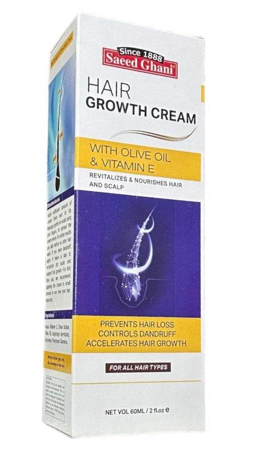 Saeed Ghani hair growth cream carton side, white with blue panel and yellow trim