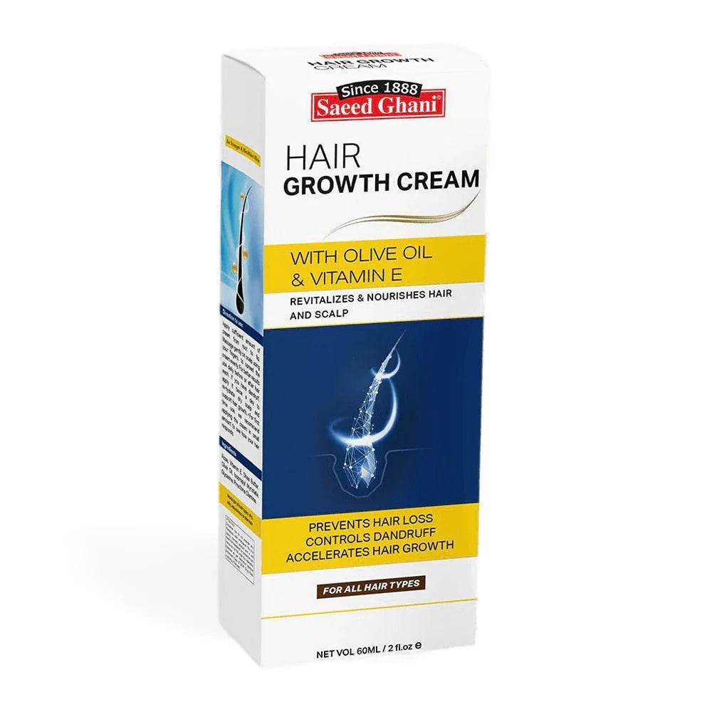 Saeed Ghani hair growth cream carton front, white with blue and yellow accents