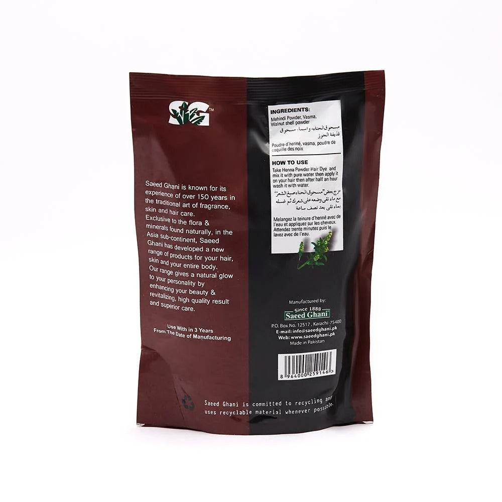 Henna powder hair dye pouch showing ingredients and usage text panel, maroon and black