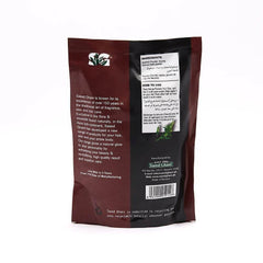 Henna powder hair dye pouch showing ingredients and usage text panel, maroon and black